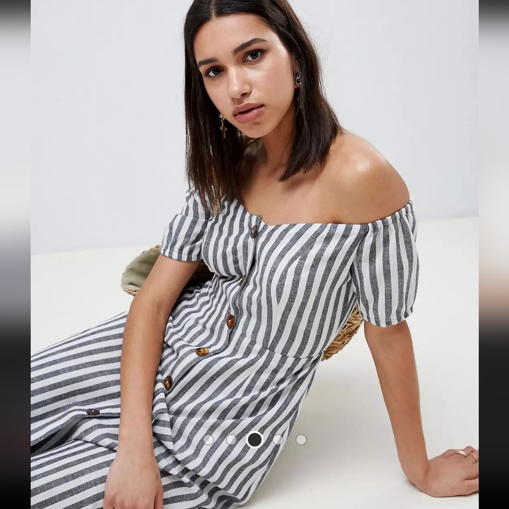 ASOS Design Button Through Midi Off Shoulder Dress - Picture 4 of 7